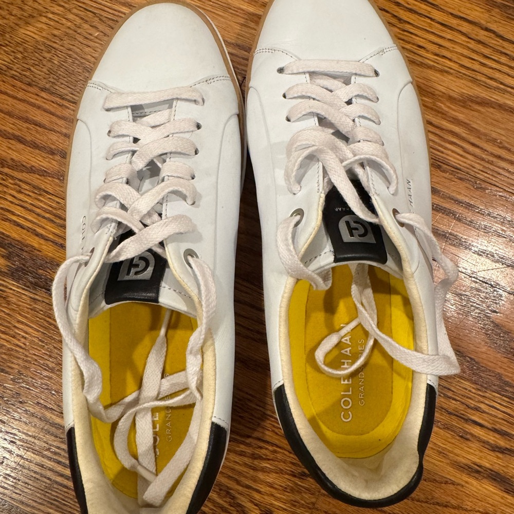 Cole Haan White Leather Sneakers with Black Heel and Yellow Insoles